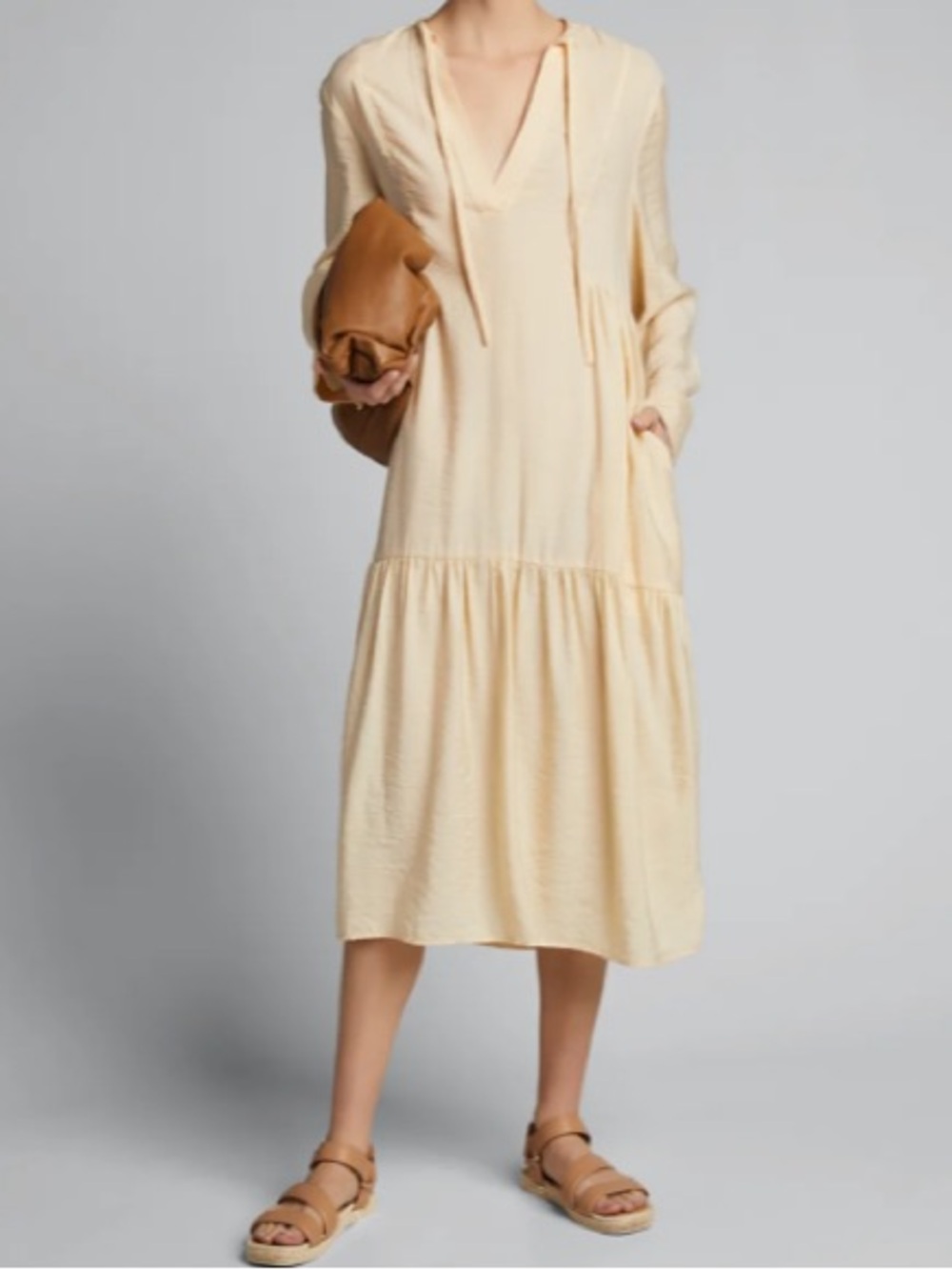 VINCE Naples Sun Long Sleeve V-Neck Tiered Neutral Maxi Dress. Size S